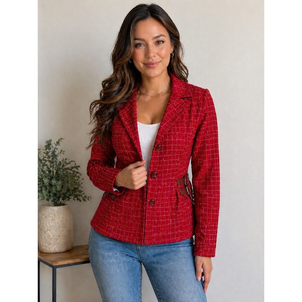 Free People Red Plaid Blazer Jacket‎ Leather Buckle Waist Women's Size 12